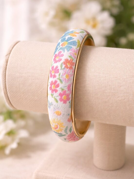 Jewelry - Floral Gold-Accented Bangle Bracelet Signed Italy